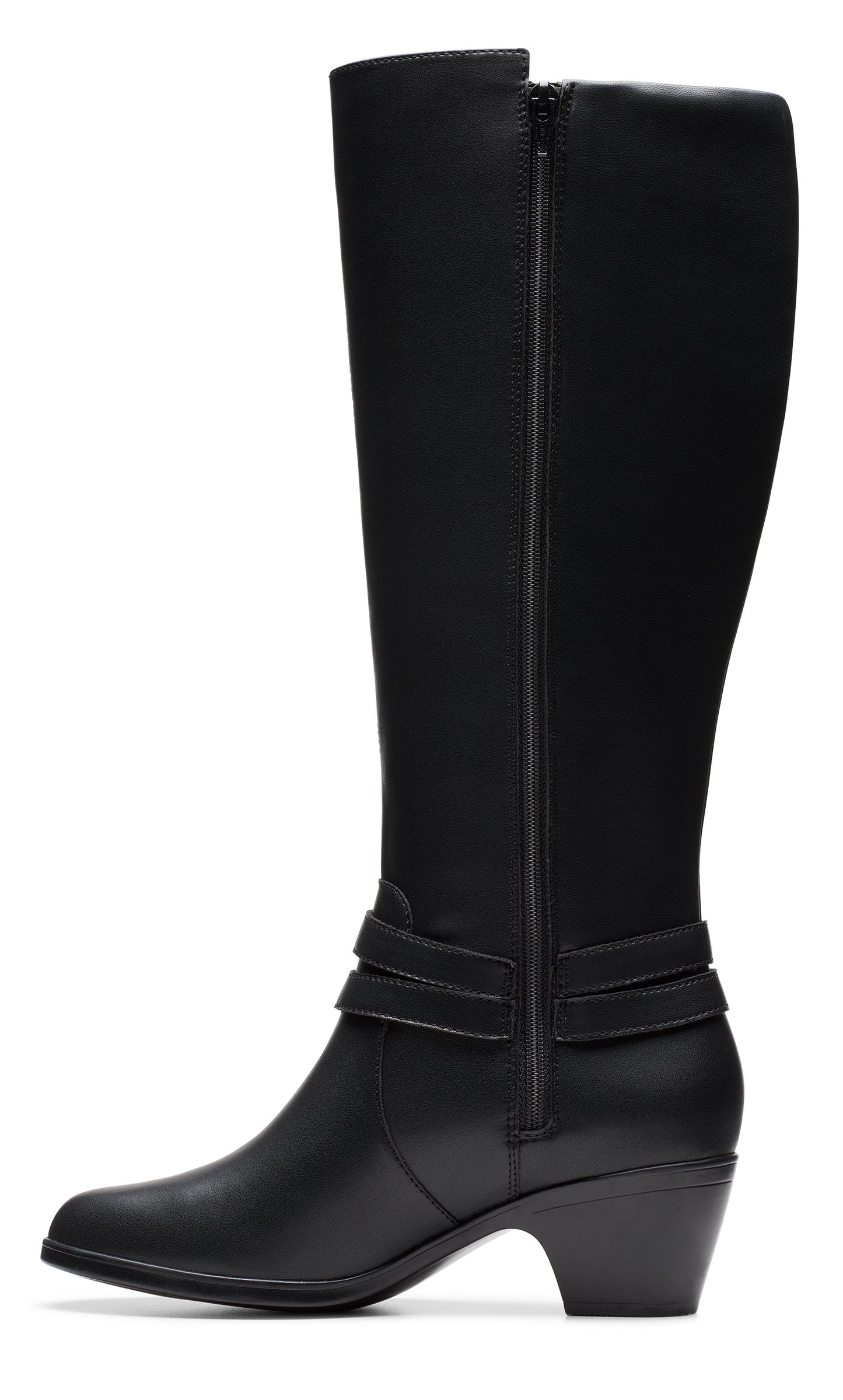Black, knee-high leather boot with stacked heel and decorative straps.