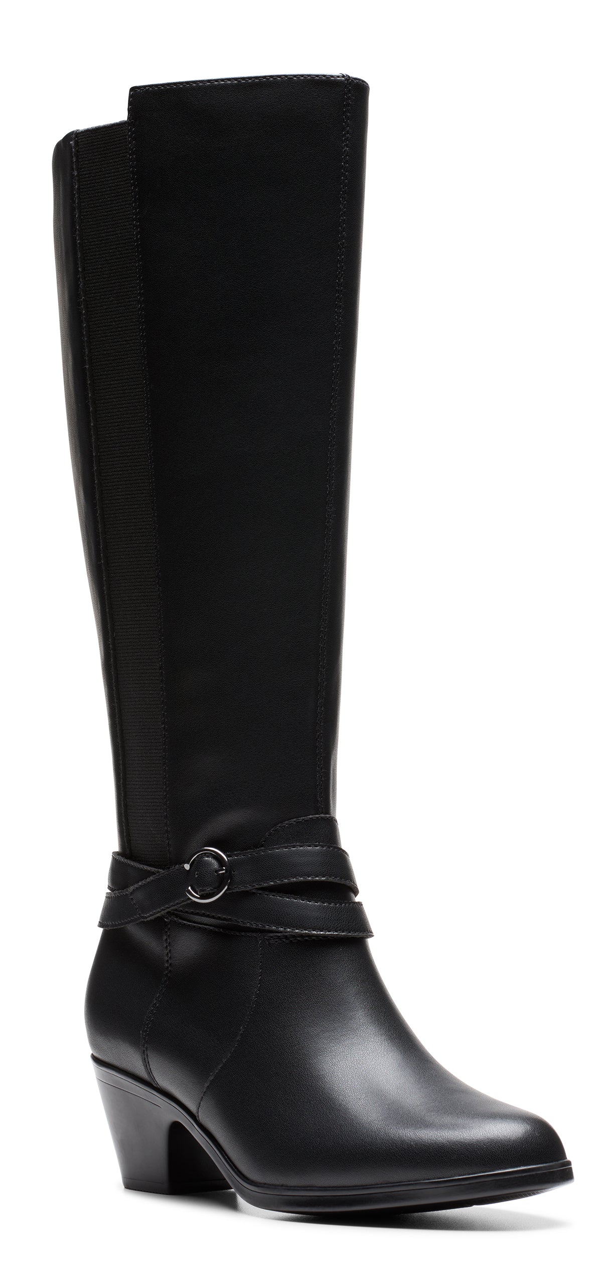A black knee-high heeled boot with a strap and buckle detail.