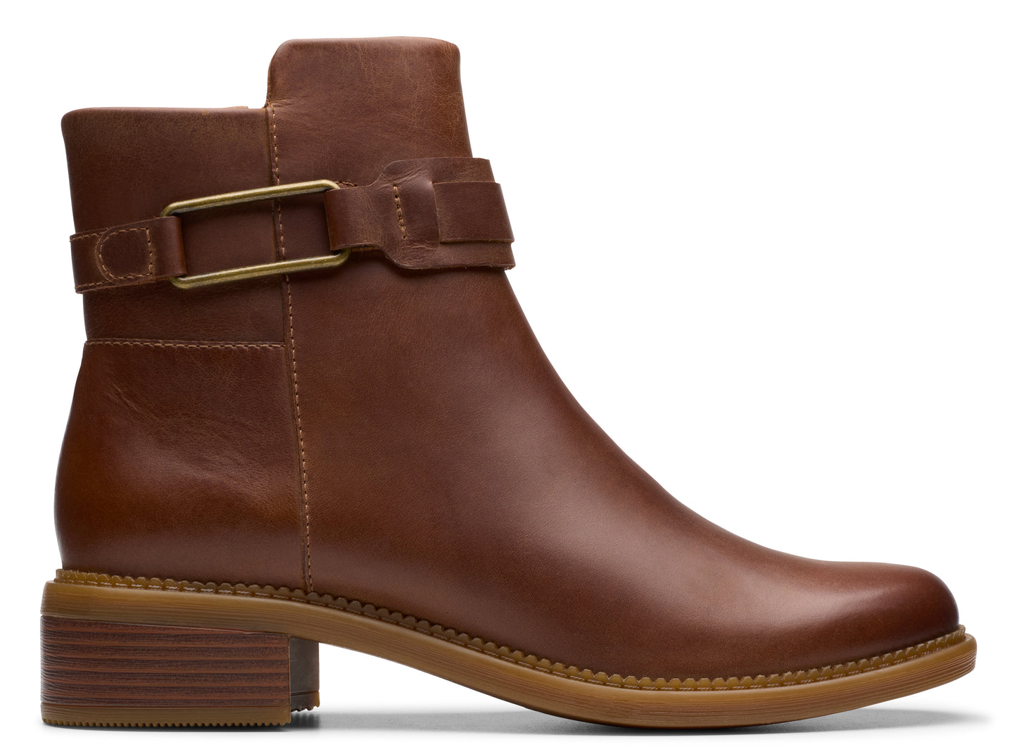 Leather ankle boot with a block heel and buckle strap.