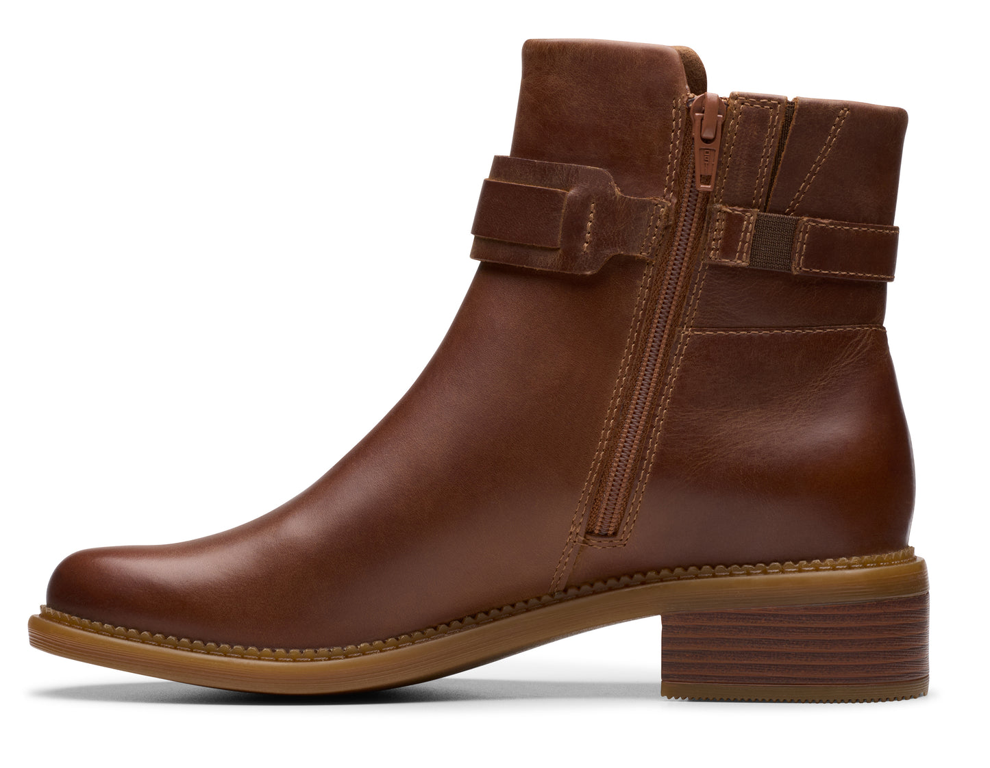 Brown ankle boot with side zipper and buckle strap.