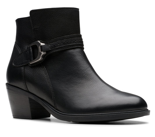 Black ankle boot with metal buckle detail and block heel.