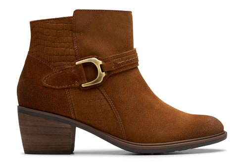 Brown suede ankle boot with gold buckle and stacked heel.