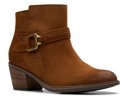 Brown ankle boot with a buckled strap and a low heel.