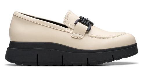 An off-white loafer with a black sole and black chain detail.