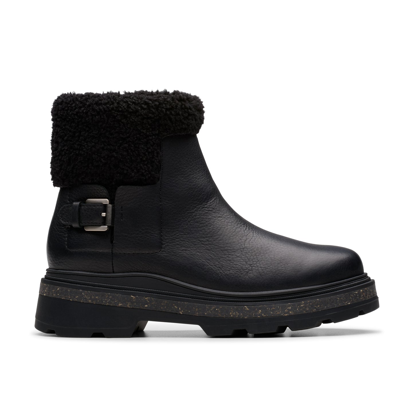 Black ankle boot with a faux fur cuff and a buckle.