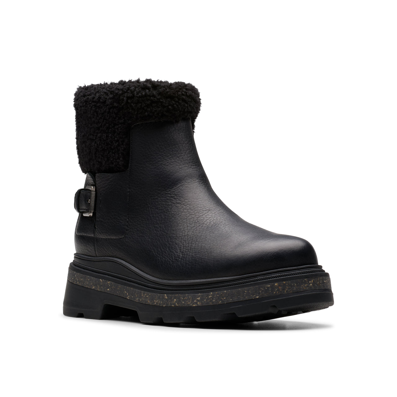 Black leather ankle boot with a black faux-fur collar and buckle detail, atop a chunky lug sole.