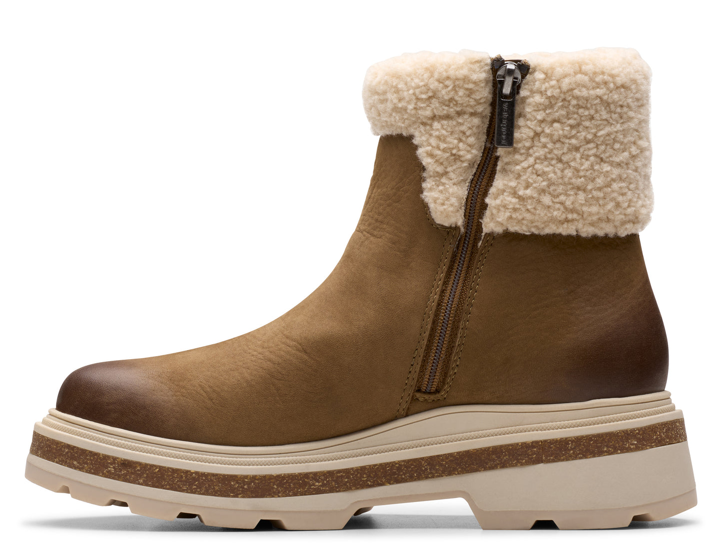 Ankle-high, side-zippered, brown leather boot with a platform sole and a shearling-style cuff.