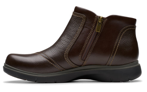 Dark brown leather ankle boot with side zipper and rounded toe.
