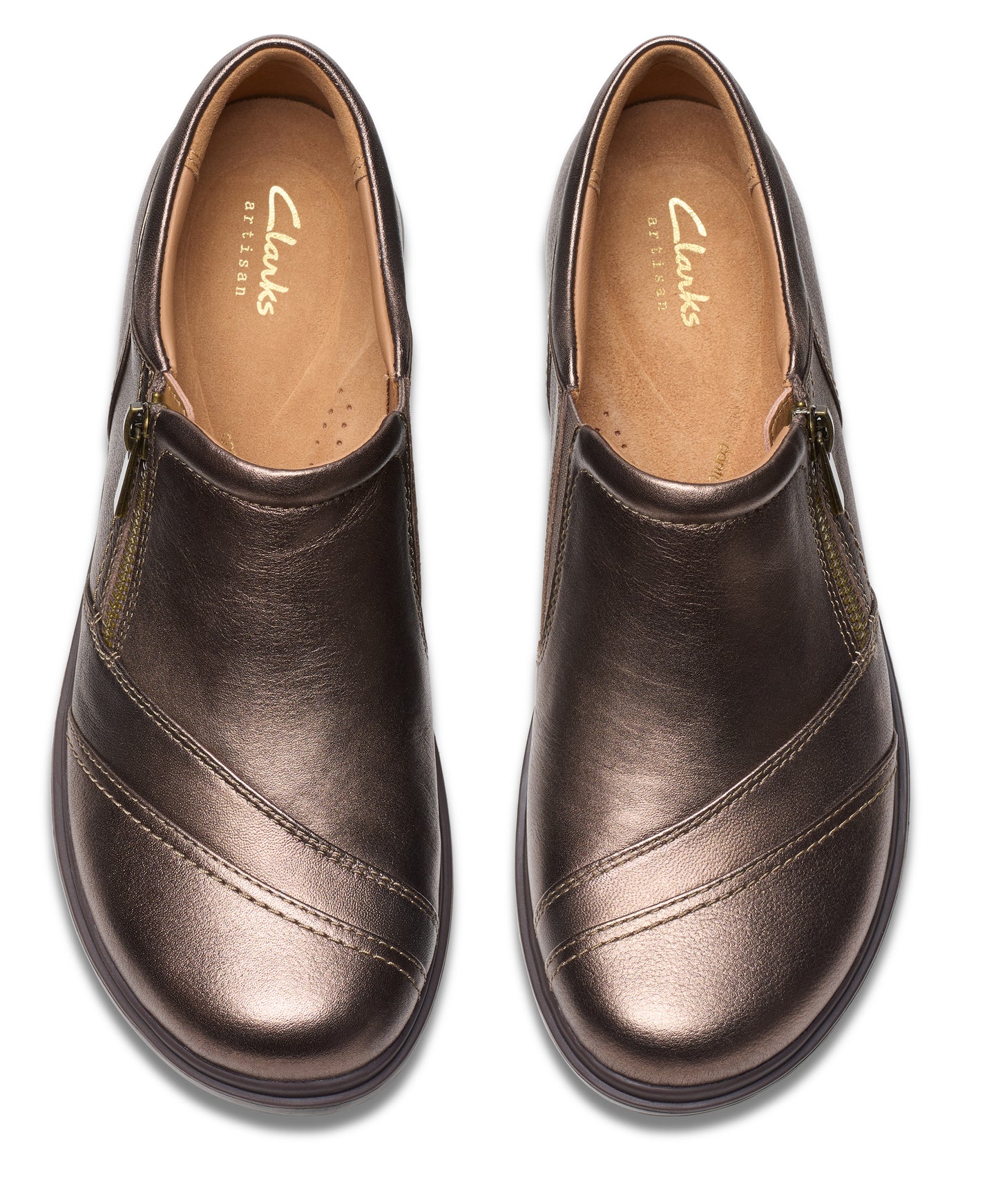 Top view of bronze leather slip-on shoes with zipper detail.