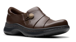 Dark brown leather slip-on shoe with decorative button and black sole.