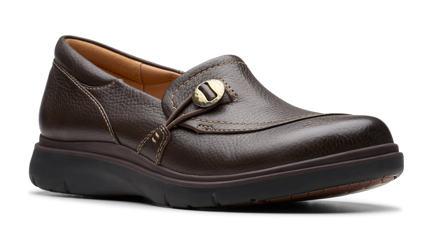 Dark brown leather loafer with a decorative gold-tone button.