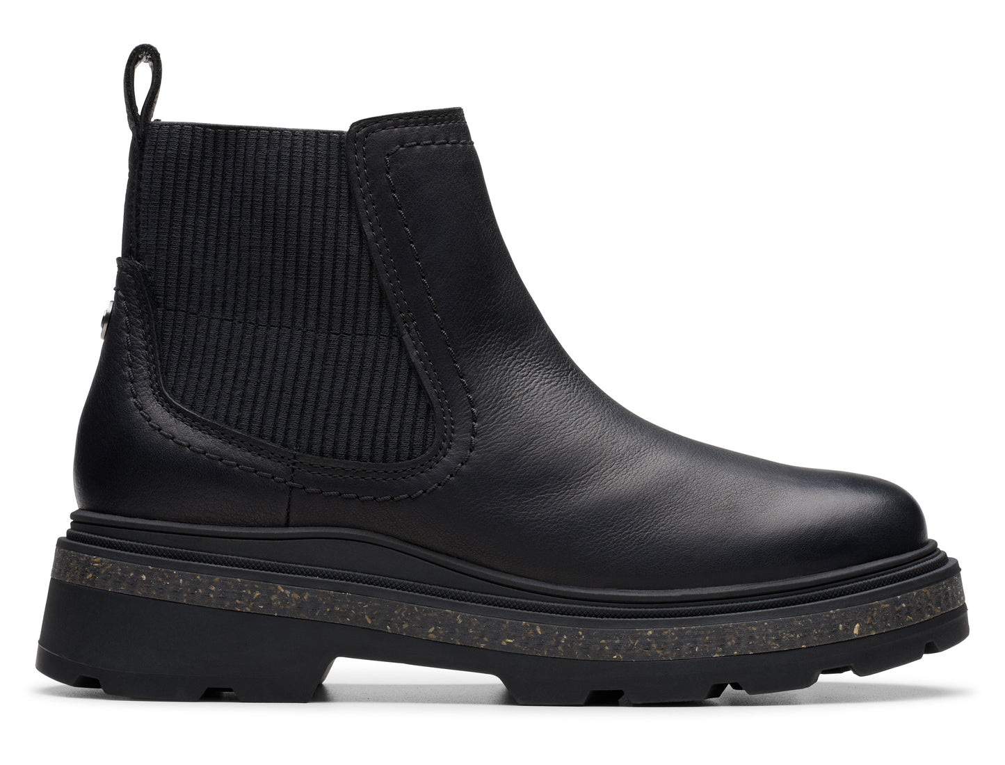 Black ankle-high Chelsea boot with elastic side panels and pull tab.