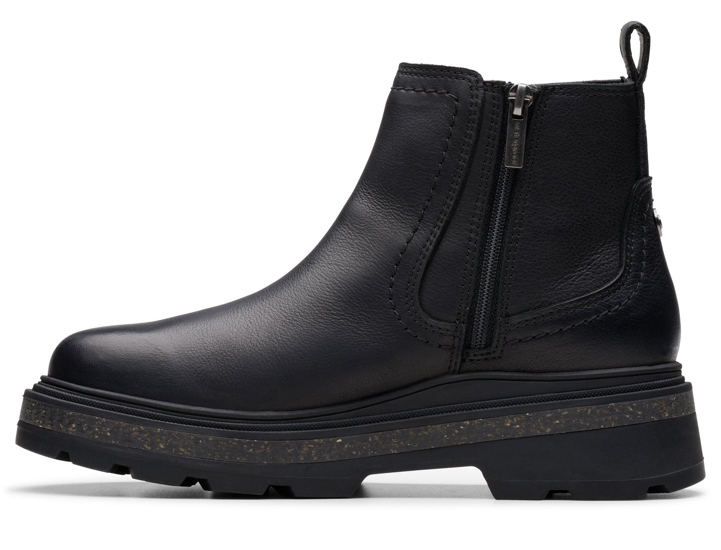 Black ankle boot with side zipper and lug sole.