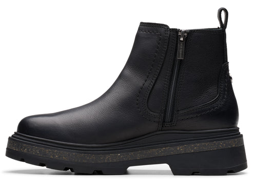 Black ankle boot with side zipper and lug sole.