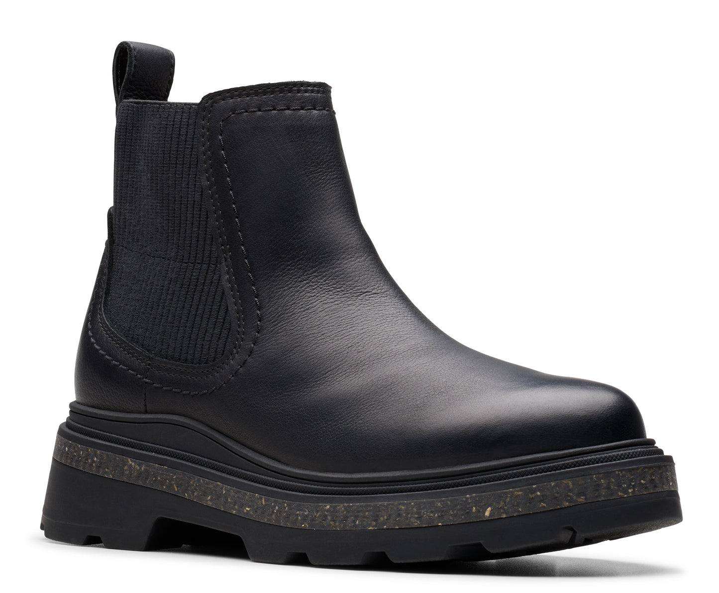 Black leather chelsea boot with a thick lug sole and elastic side panels.