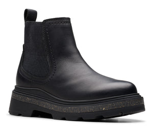 Black leather chelsea boot with a thick lug sole and elastic side panels.