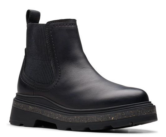 Black leather chelsea boot with a thick lug sole and elastic side panels.