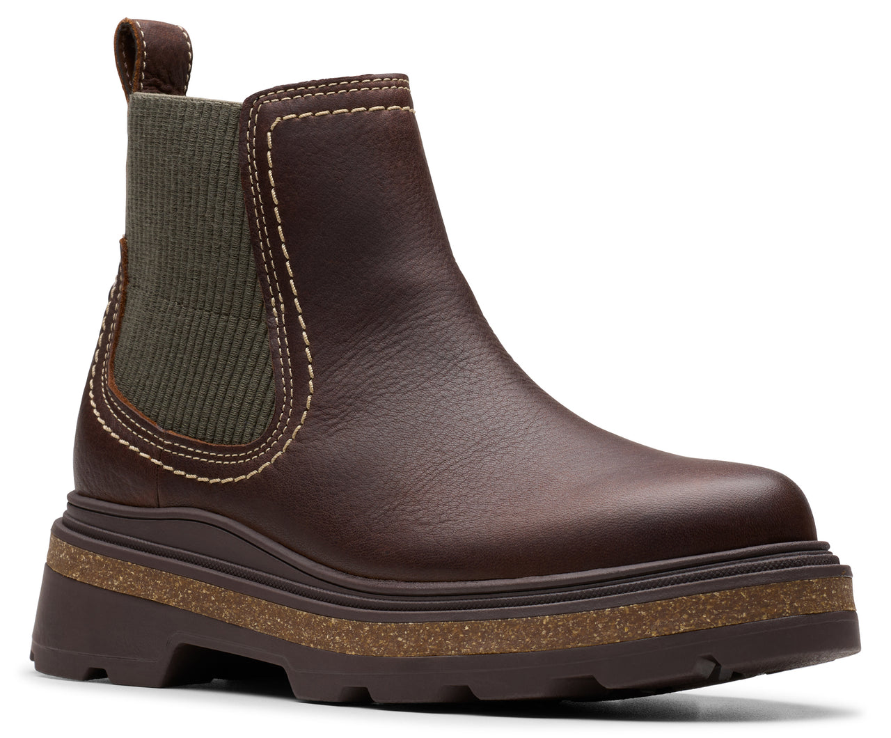 Brown ankle boot with elastic side panels and a chunky cork midsole.
