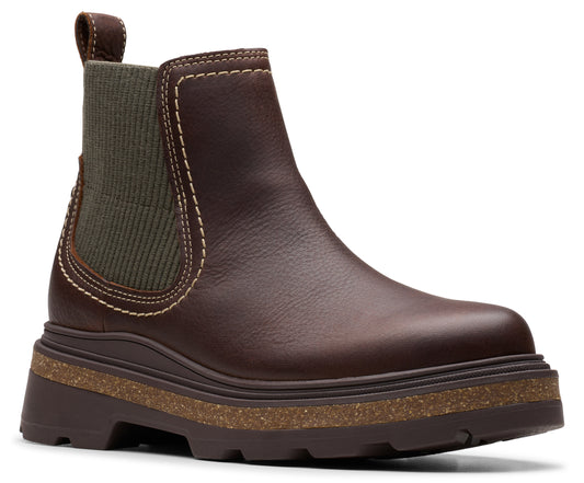 Brown ankle boot with elastic side panels and a chunky cork midsole.