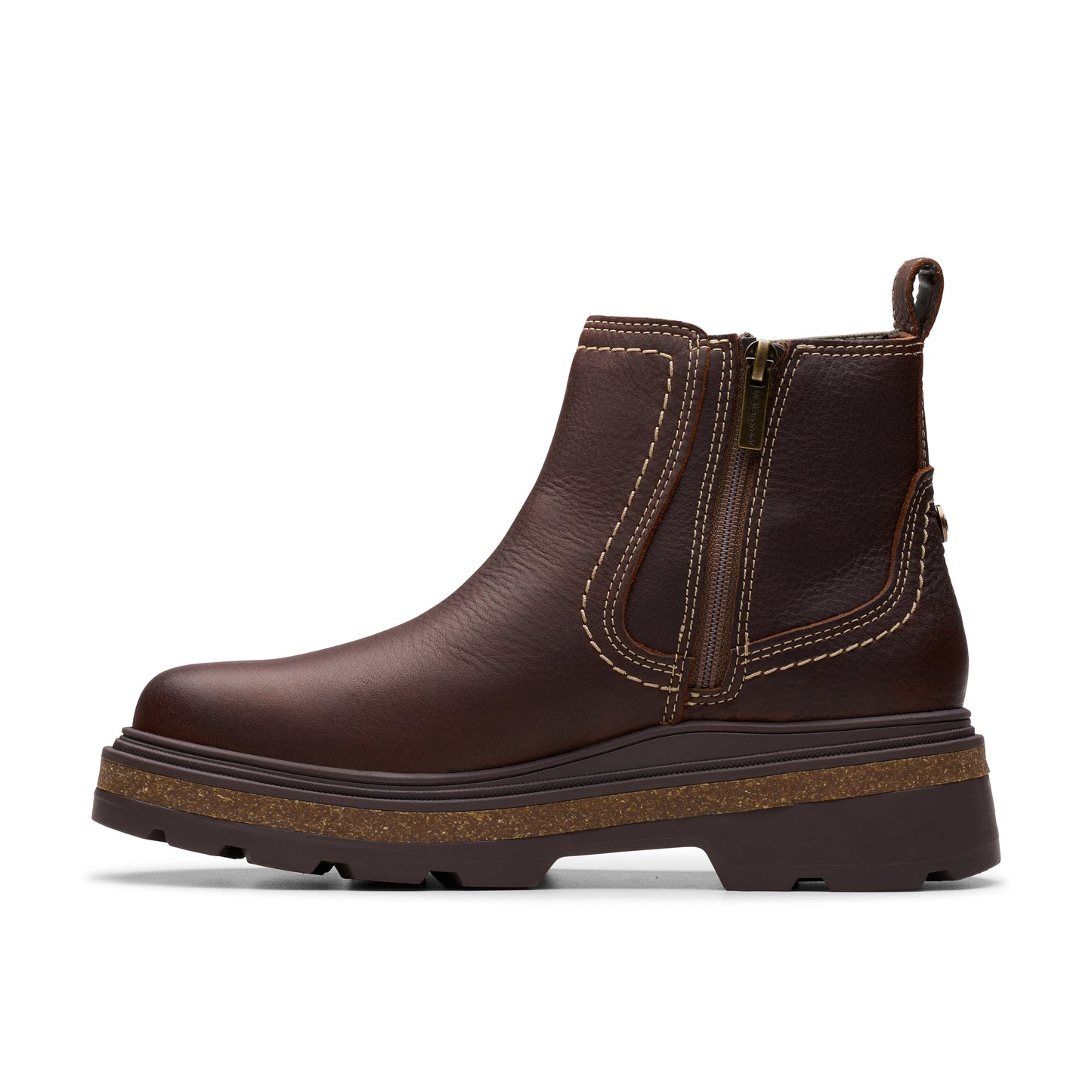Brown leather ankle boot with side zipper and chunky treaded sole.