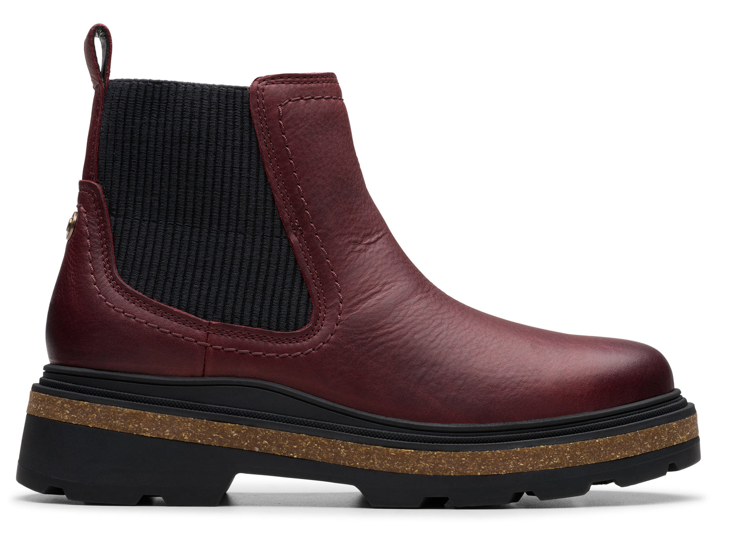 Red leather Chelsea boot with black elastic side panels and a lug sole.