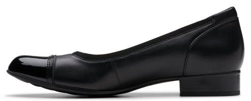 Black leather dress shoe with a shiny toe.