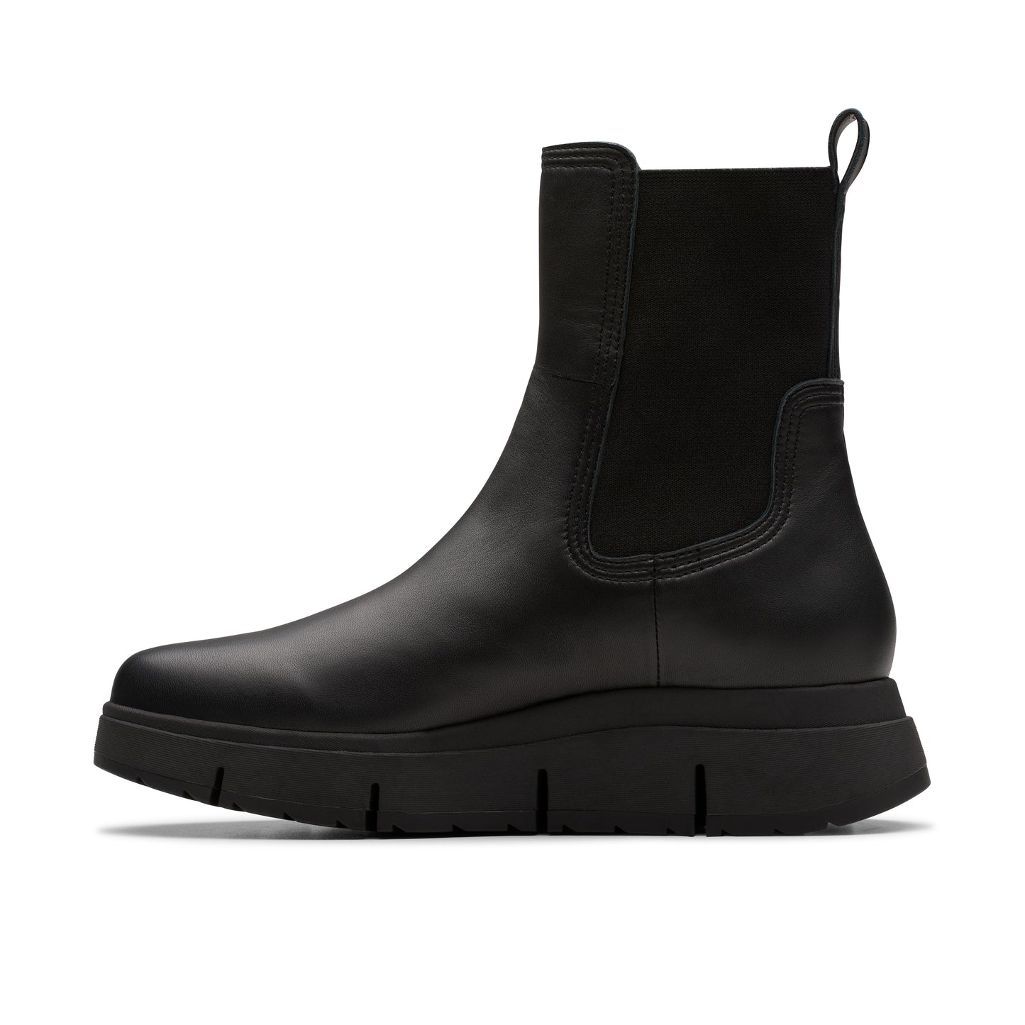 Black leather Chelsea boot with elastic ankle and lug sole.