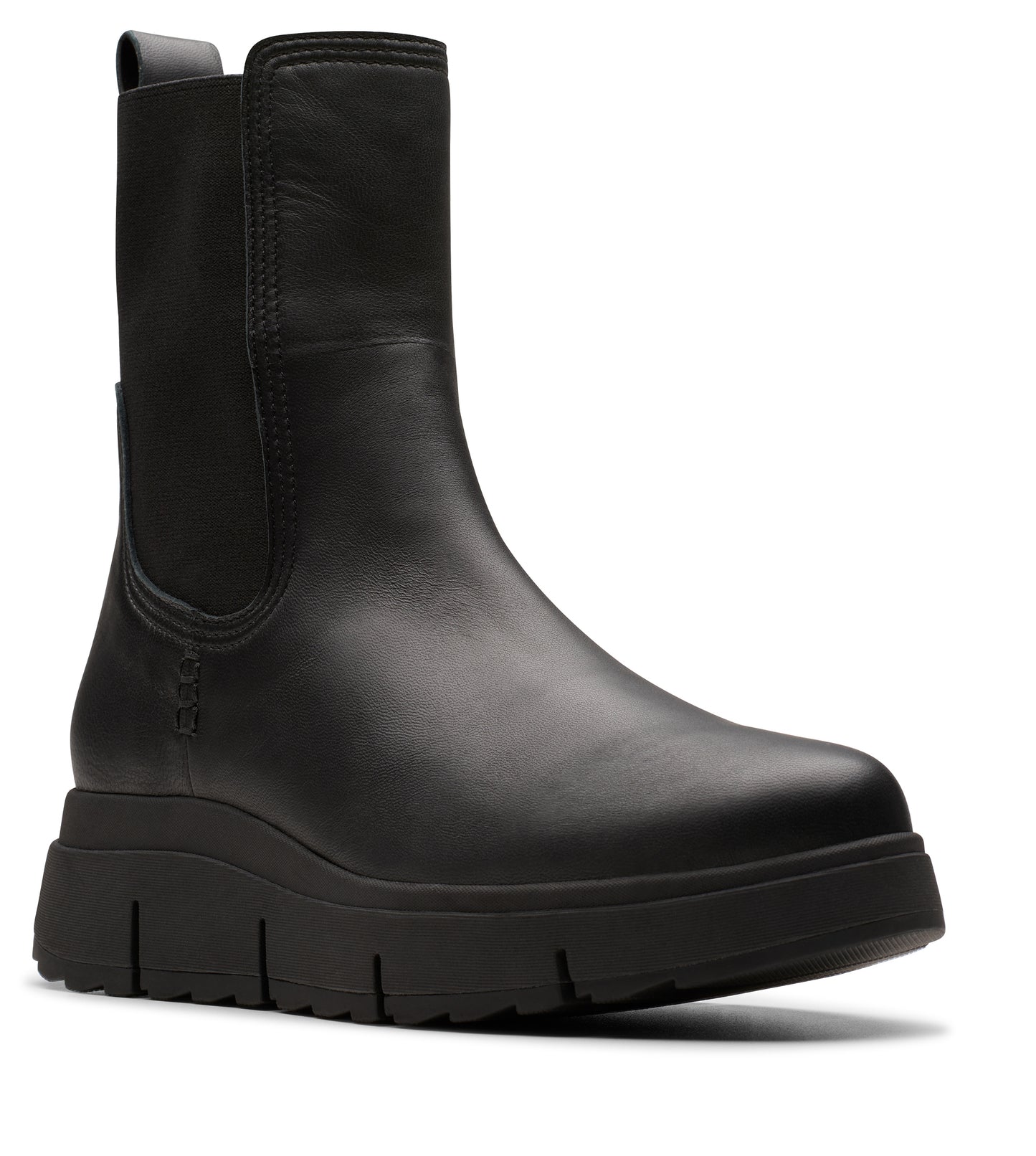 Black leather Chelsea boot with a thick, ridged sole and elastic side panels.