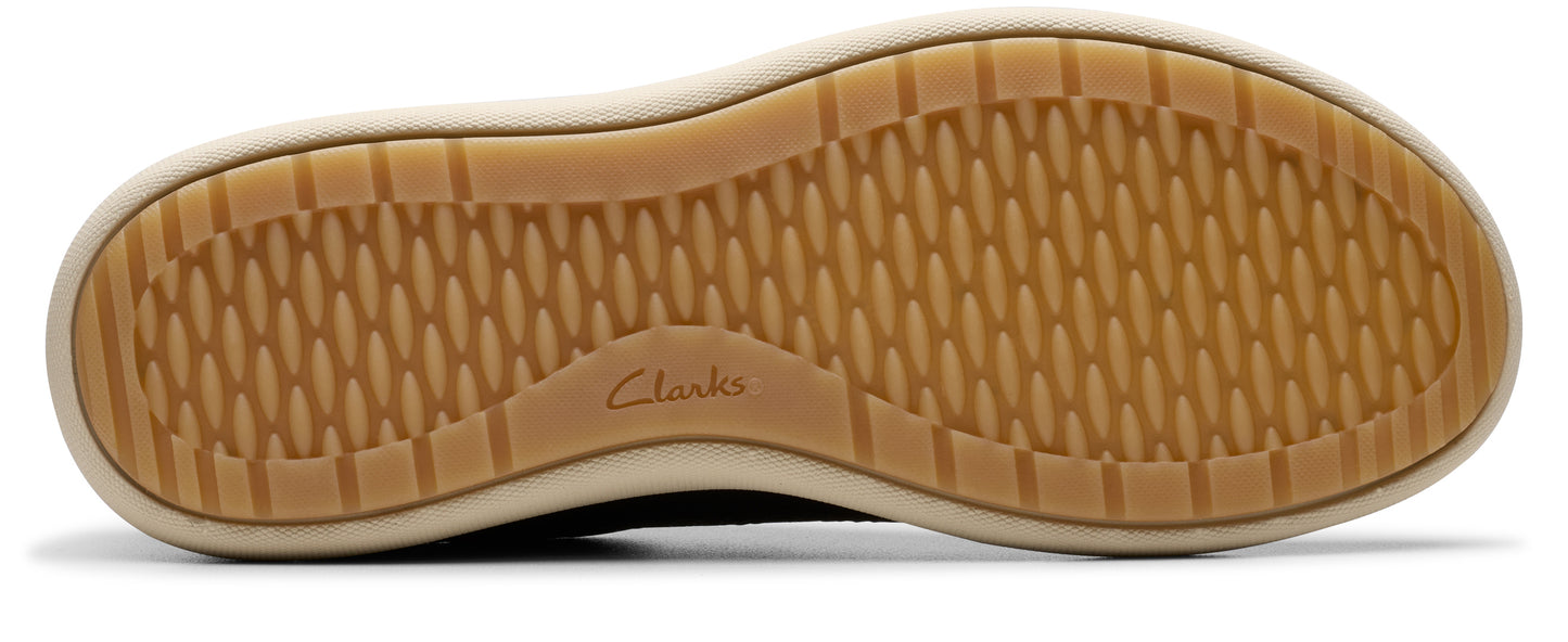 Bottom of shoe with geometric pattern and visible text "Clarks".