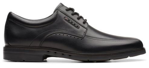 Black leather dress shoe with black laces and a low heel.