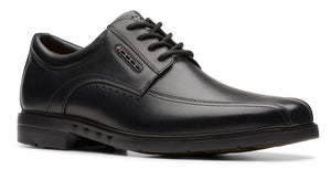 Black leather dress shoe with lace-up closure and a low heel.