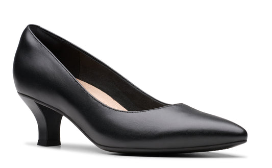 Black leather kitten heel pump with a pointed toe.