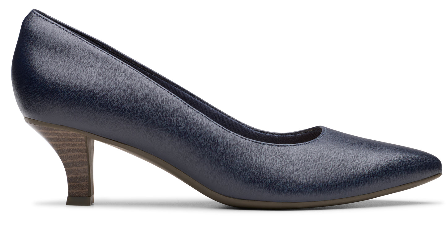Navy leather pointed-toe heeled pump with a wood-tone stiletto heel.