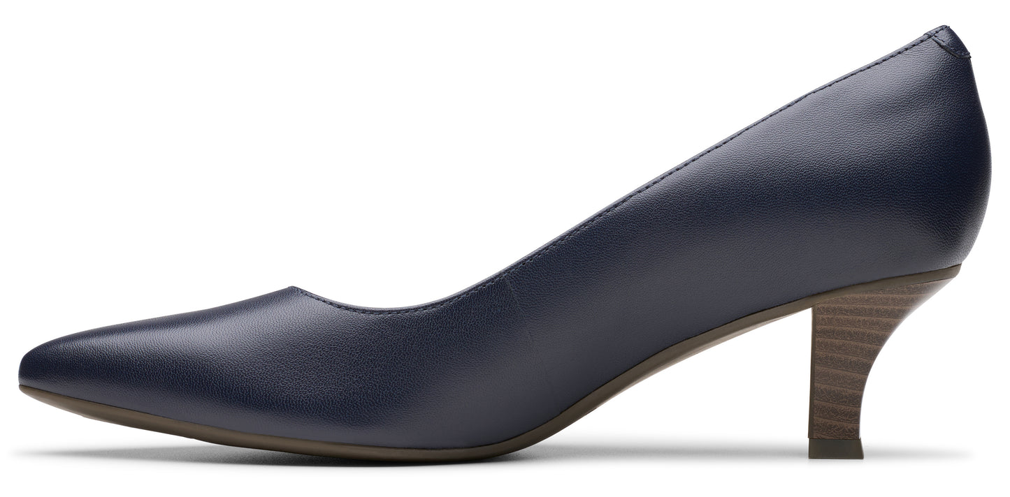 A navy-blue leather pump with a wooden-patterned stiletto heel.
