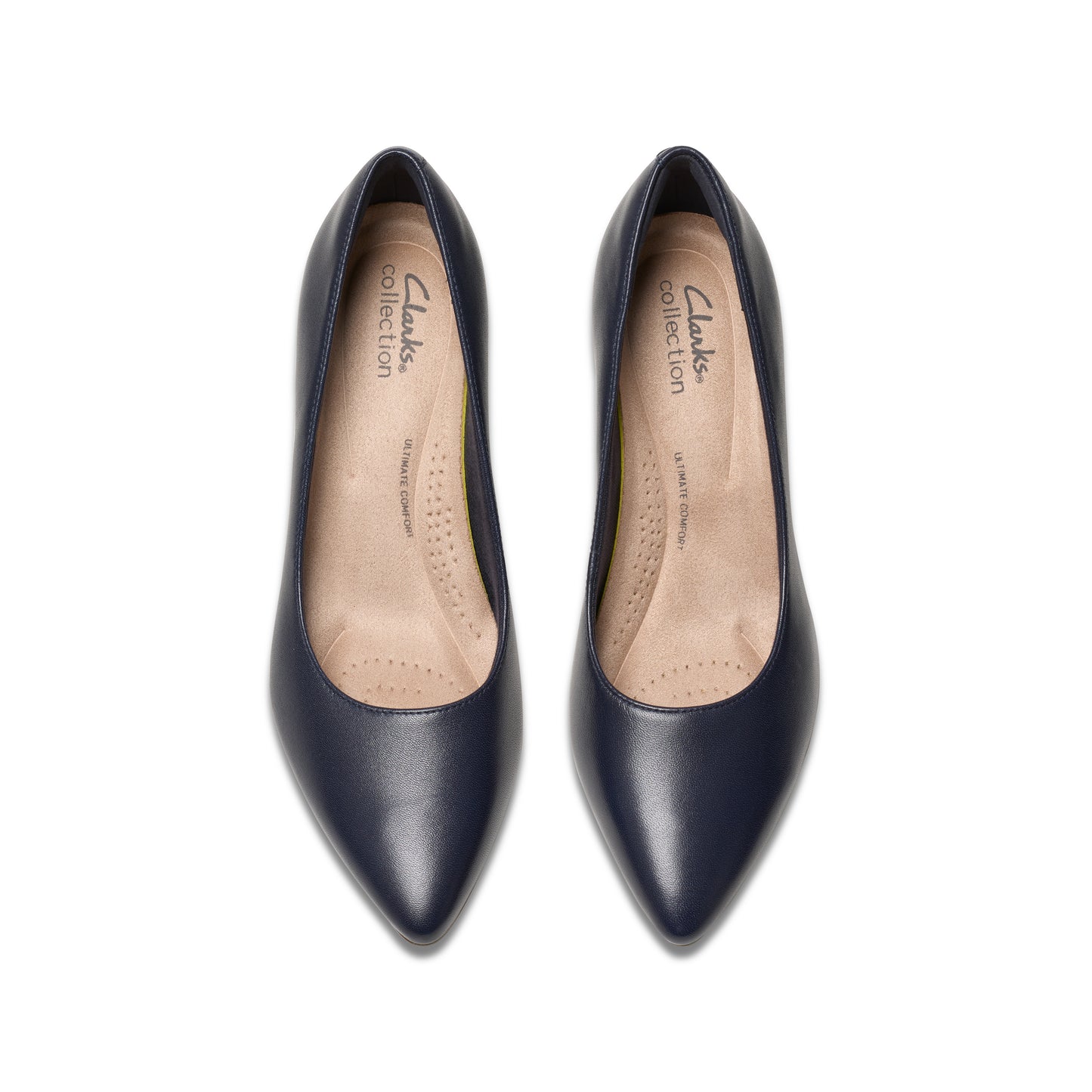 Two navy blue leather pointed-toe heels, top-down view; "collection" text inside.