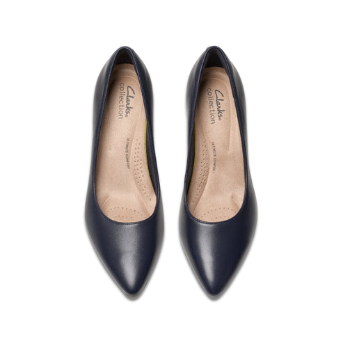 Two navy blue leather pointed-toe heels, top-down view; "collection" text inside.
