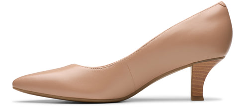 Beige pointed-toe pump with a slim heel.