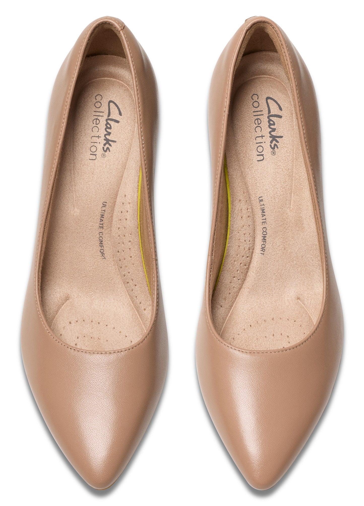 A pair of tan-colored pointed-toe ballet flats displaying the shoe interior which reads: "Clarks Collection Ultimate Comfort".