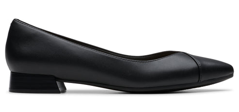 A black leather heeled dress shoe.