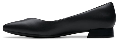 Black leather pump with a low block heel.