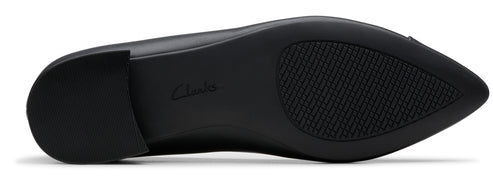 Bottom of a black shoe with a rubber sole.