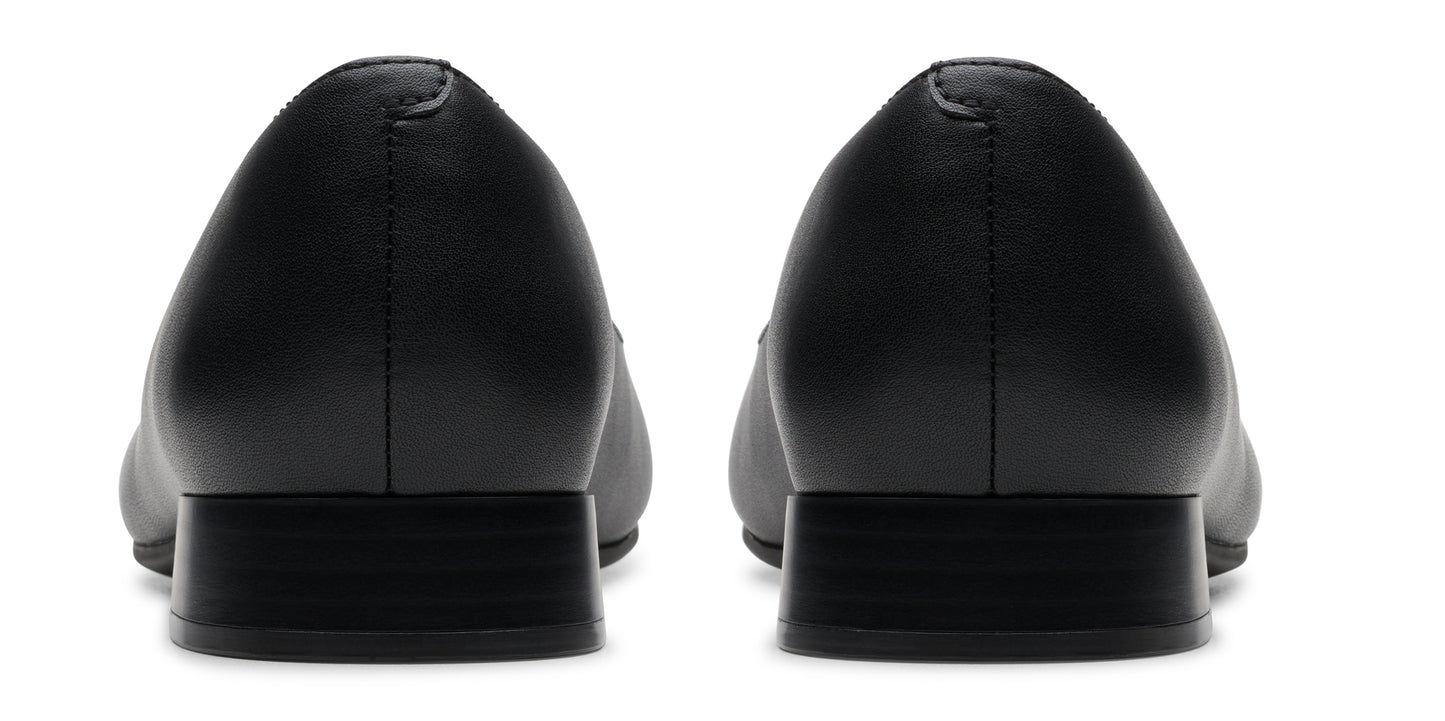Back view of a pair of black, low-heeled dress shoes.
