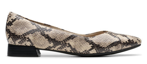 A snakeskin textured leather dress shoe with a low heel.