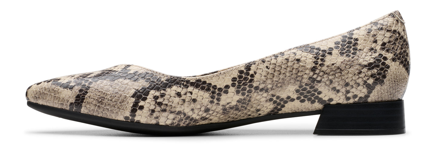 A snakeskin patterned ballet flat with a low heel.