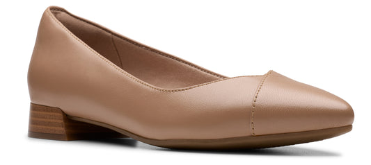 Tan leather dress shoe with a small block heel.