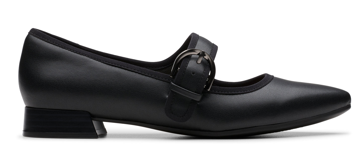 A black leather Mary Jane style dress shoe with a block heel and adjustable buckle.