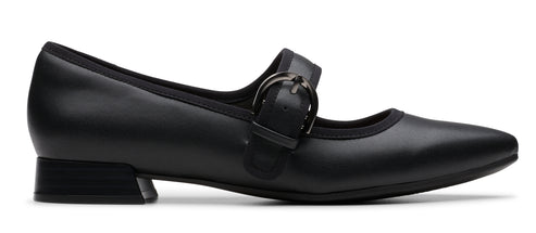 A black leather Mary Jane style dress shoe with a block heel and adjustable buckle.