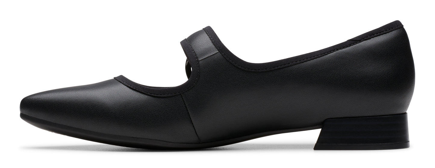 A black leather Mary Jane shoe with a square heel and rounded toe.