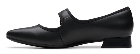 A black leather Mary Jane shoe with a square heel and rounded toe.
