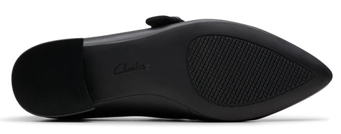 Bottom view of a black shoe with a textured sole and the brand name "Clarks" visible.
